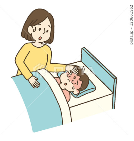 高熱を出した子供を看病する母親のイラスト 120661562