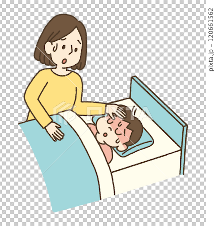 高熱を出した子供を看病する母親のイラスト 120661562