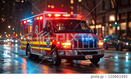 Ambulance with flashing lights on wet road at night Ambulance with flashing lights on wet road at night 120661895