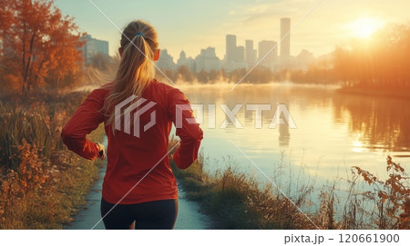 Morning joggers in autumn park with city skyline at sunrise 120661900