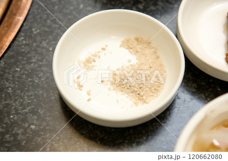 salt on a plate. Korean BBQ salt salt on a plate. Korean BBQ salt 120662080