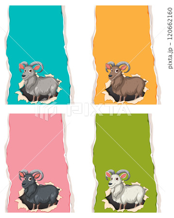 Colorful Goat Illustrations on Torn Paper Colorful Goat Illustrations on Torn Paper 120662160