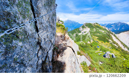 夏の烏帽子岳・南沢岳登山（烏帽子岳山頂直下の鎖場） 120662209