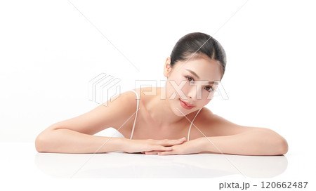 Beautiful young asian woman with clean fresh skin on white background, Face care, Facial treatment, Cosmetology, beauty and spa, Asian women portrait. Beautiful young asian woman with clean fresh skin on white background, Face care, Facial treatment, Cosmetology, beauty and spa, Asian women portrait. 120662487