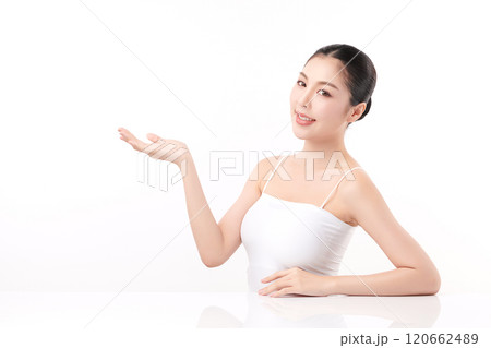 Beautiful young asian woman with clean fresh skin on white background, Face care, Facial treatment, Cosmetology, beauty and spa, Asian women portrait. Beautiful young asian woman with clean fresh skin on white background, Face care, Facial treatment, Cosmetology, beauty and spa, Asian women portrait. 120662489