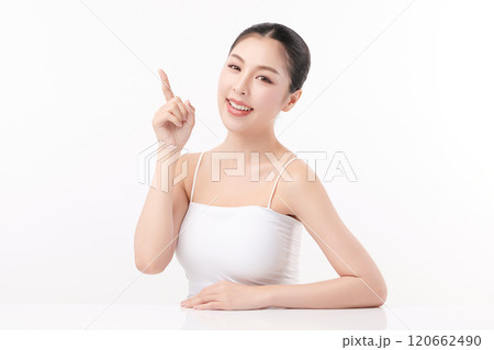 Beautiful young asian woman with clean fresh skin on white background, Face care, Facial treatment, Cosmetology, beauty and spa, Asian women portrait. Beautiful young asian woman with clean fresh skin on white background, Face care, Facial treatment, Cosmetology, beauty and spa, Asian women portrait. 120662490