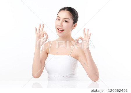 Beautiful young asian woman with clean fresh skin on white background, Face care, Facial treatment, Cosmetology, beauty and spa, Asian women portrait. 120662491