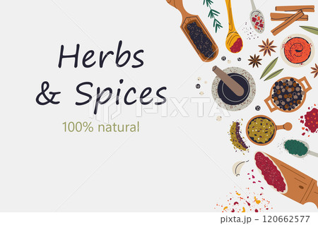 Vector illustration of flat herbs and spices, banner or poster. Natural, organic seasoning composition with colorful spices, mortar, pestle, and decorative design. Perfect for cover or branding 120662577