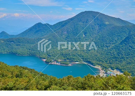 夏の群馬県赤城山 地蔵岳山頂から黒檜山、駒ヶ岳、大沼方面を見る 夏の群馬県赤城山 地蔵岳山頂から黒檜山、駒ヶ岳、大沼方面を見る 120663175
