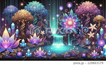 輝きの滝 – ゲームとアニメのための幻想的な森 120663179