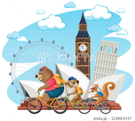 Animals Biking Around World Landmarks Animals Biking Around World Landmarks 120663337