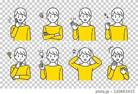 いろいろな表情やポーズをする若い女性のセット【人物ベクターイラスト素材】 120663433