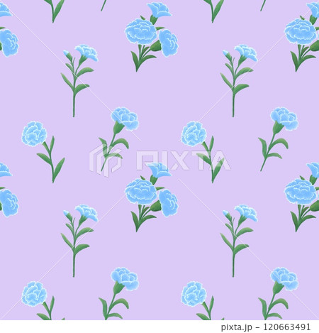 Seamless pattern with blue carnations On purple background 120663491