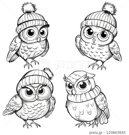 Cute funny angry owls in hats. Line art baby character illustration. Coloring book for kids 120663685