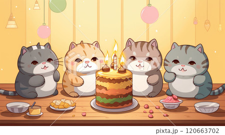 Kawaii fat cats sitting around birthday cake. Cute cartoon illustration 120663702