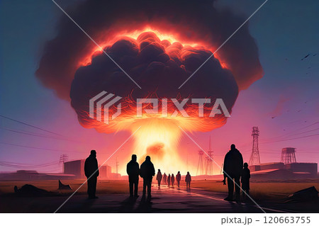 People stand and watch the nuclear detonation of a mushroom-shaped atomic bomb 120663755