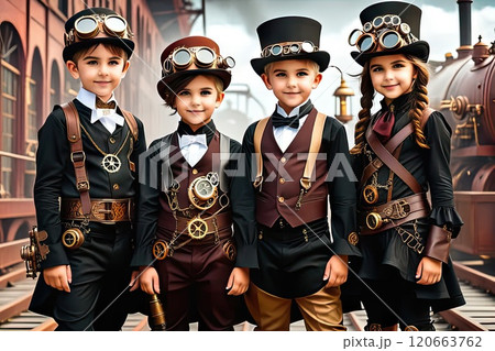 A portrait of four children dressed in steampunk style. 120663762