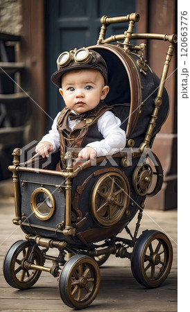 baby in a stylish steampunk stroller on the street. steampunk universe. 120663776