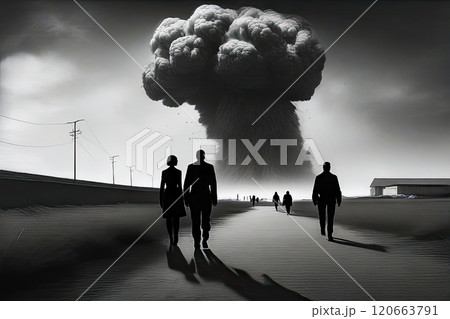 People stand and watch the nuclear detonation of a mushroom-shaped atomic bomb 120663791