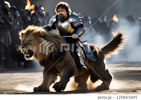 A knight in armor riding a lion. Fantasy. 120663805