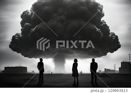 People stand and watch the nuclear detonation of a mushroom-shaped atomic bomb 120663813