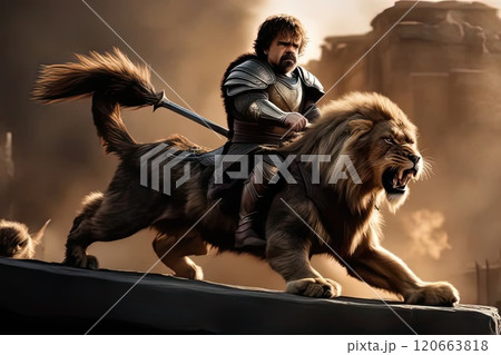A knight in armor riding a lion. Fantasy. A knight in armor riding a lion. Fantasy. 120663818