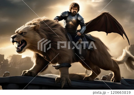 A knight in armor riding a lion. Fantasy. 120663819
