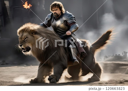 A knight in armor riding a lion. Fantasy. 120663823