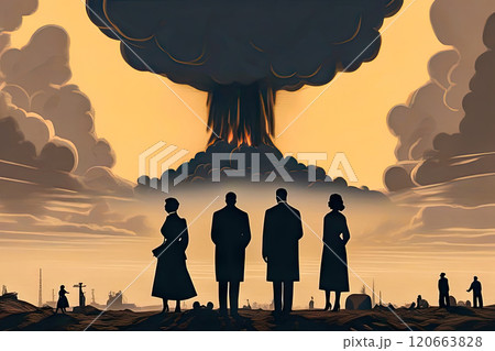 People stand and watch the nuclear detonation of a mushroom-shaped atomic bomb People stand and watch the nuclear detonation of a mushroom-shaped atomic bomb 120663828