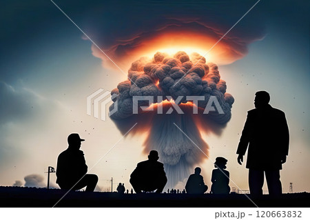 People stand and watch the nuclear detonation of a mushroom-shaped atomic bomb People stand and watch the nuclear detonation of a mushroom-shaped atomic bomb 120663832