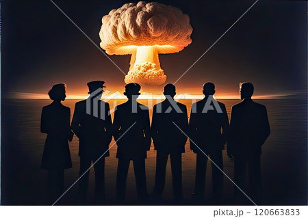 People stand and watch the nuclear detonation of a mushroom-shaped atomic bomb People stand and watch the nuclear detonation of a mushroom-shaped atomic bomb 120663833