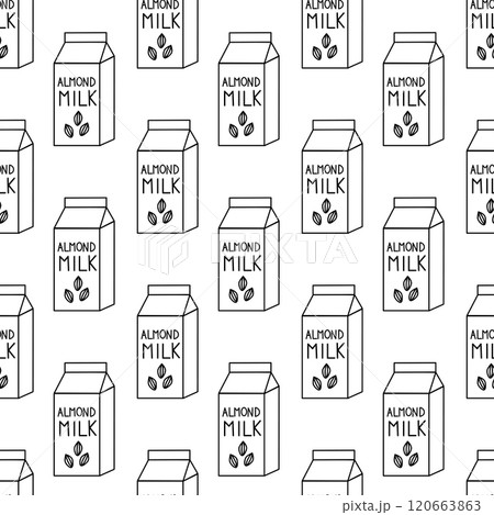 Seamless Pattern with Almond milk. Box Carton packaging. Outline, Doodle, Line art. Vector flat illustration. Seamless Pattern with Almond milk. Box Carton packaging. Outline, Doodle, Line art. Vector flat illustration. 120663863