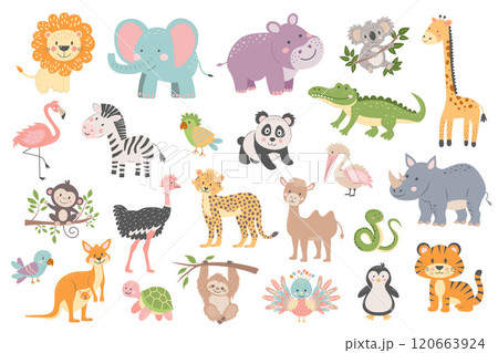 Tropical cute animal set. African, South American, Australian, Arctica and other wild baby cartoon animals. Baby shower and nursery art style. Tropical cute animal set. African, South American, Australian, Arctica and other wild baby cartoon animals. Baby shower and nursery art style. 120663924