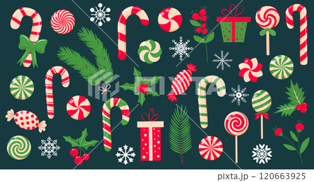 Christmas sweets, lollipops, candy canes, gifts, holly berry and twigs set. Peppermint candies red, green and cream collection. 120663925