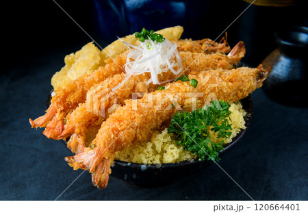 Ebi donburi or deep fried shrimps with rice Ebi donburi or deep fried shrimps with rice 120664401