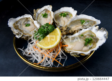 Fresh opened oysters 120664447