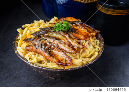 Unagi donburi or grilled eel with rice 120664466