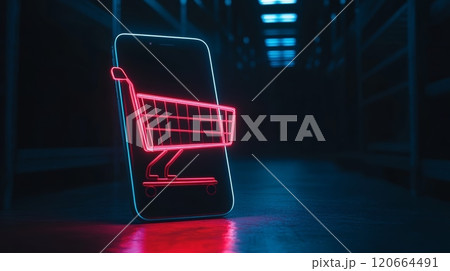 Glowing neon red shopping cart icon is appearing on a smartphone screen in a dark warehouse, representing the concept of online shopping, e commerce, and delivery 120664491