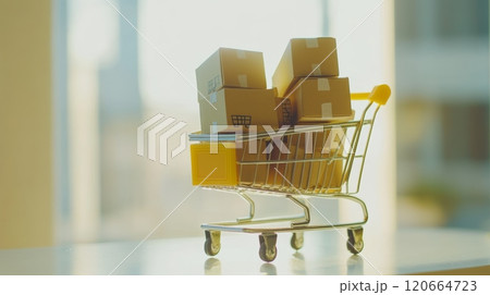 Small shopping cart overflowing with cardboard boxes symbolizes the ease and convenience of online shopping and e commerce, highlighting the growth of online retail and delivery services 120664723