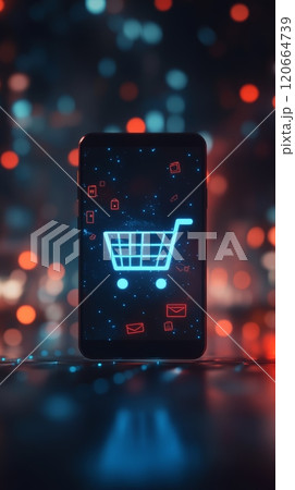 Smartphone displays a vibrant shopping cart icon, symbolizing online shopping and e commerce against a backdrop of colorful bokeh lights 120664739