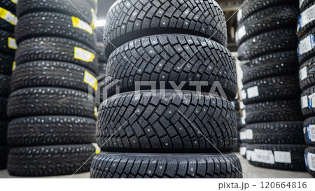 New car studded tires in the store. New car studded tires in the store. 120664816