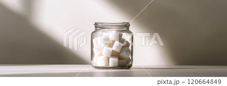 Reducing sugar intake is key for a healthy lifestyle, a jar of sugar cubes on a white table in soft natural light highlights this 120664849