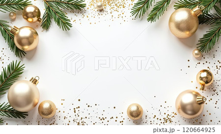 Invitation for Christmas and New Year party with a frame of Christmas decor with a place for text on white background. Greeting card. AI generated 120664925