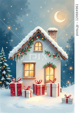 Watercolor cozy house and a gift box under Christmas tree on Christmas winter snow background with golden glitter on greeting cards. Real estate, realtor, mortgage, insurance, booking. AI generated 120664961