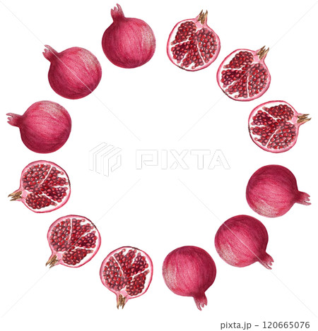 An open pomegranate watercolor round frame isolated on white. The hand-painted illustration cis perfect for culinary designs, kitchen, home decor, prints, cards, juice packages. Autumn harvest clip 120665076