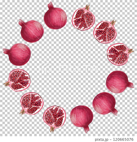 An open pomegranate watercolor round frame isolated on white. The hand-painted illustration cis perfect for culinary designs, kitchen, home decor, prints, cards, juice packages. Autumn harvest clip An open pomegranate watercolor round frame isolated on white. The hand-painted illustration cis perfect for culinary designs, kitchen, home decor, prints, cards, juice packages. Autumn harvest clip 120665076