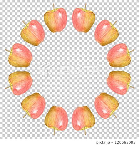 A shiny striped apple watercolor round frame isolated on white. Hand-painted clip art perfect for culinary designs, prints, cards, packages, Rosh Hashanah, juice, sales, harvest themed decor 120665095
