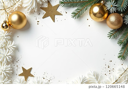 Invitation for Christmas and New Year party with a frame of Christmas decor with a place for text on white background. Greeting card. AI generated 120665148