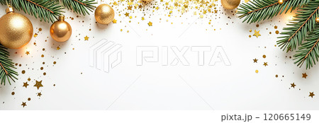 Invitation for Christmas and New Year party with a frame of Christmas decor with a place for text on white background. Greeting card. AI generated 120665149