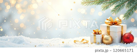 Christmas blue background with white gift boxes with gold bows, glowing bokeh and glitter. Festive mood Christmas and New Year card with copy space. AI generated 120665171